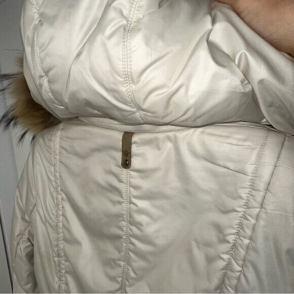 Mackage Cream Mid-length Down WOOL Leather Puffer jacket Coat with Fur Hood sz S - Picture 11 of 15